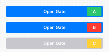 Three status bars labeled "Open Gate" are crucial for parking lot management, featuring color-coded indicators: the first is blue and green with an "A," the second is blue and red with a "B," and the third is grey and yellow with a "C.