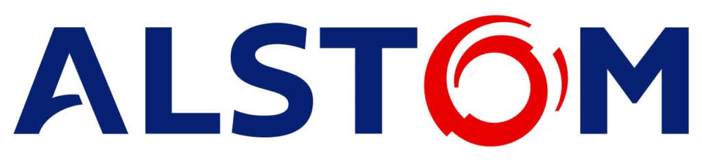 Alstom logo with the word "ALSTOM" in blue capital letters. The "O" is stylized with red circular shapes, reflecting attention to detail akin to proficient parking lot management.