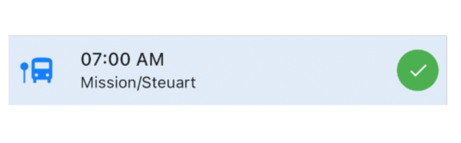 An alert shows a bus icon with the time 07:00 AM and the location Mission/Steuart, accompanied by a green checkmark. Integrated with Wayleadr's parking lot management system, it ensures seamless coordination for commuters.