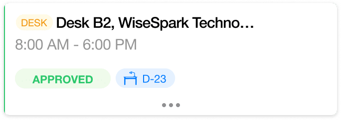 Reservation for Desk B2 at WiseSpark Technologies from 8:00 AM to 6:00 PM, marked as approved and assigned to desk D-23. Visitor parking is available for your convenience.