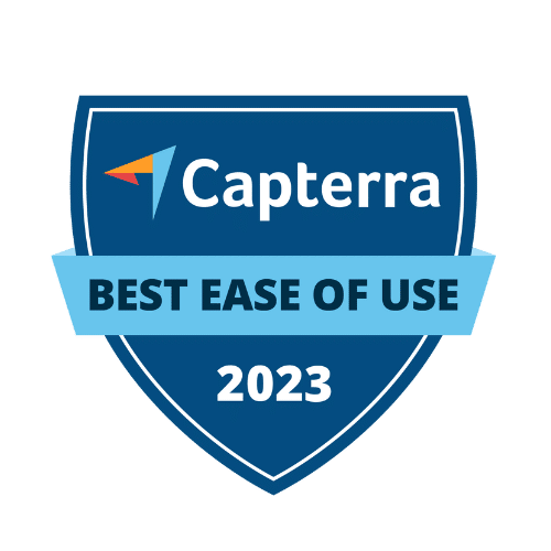 Blue shield-shaped badge awarded by Capterra for "Best Ease of Use 2023" in commercial parking lot systems.