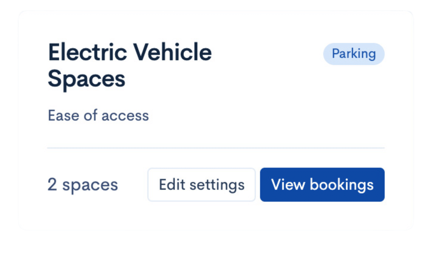 Screen display showing information about electric vehicle parking spaces with options to edit settings or view bookings. Using Wayleadr's parking management system, two commercial parking spaces are available.