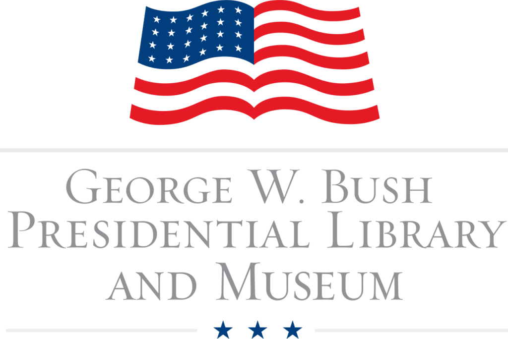 Logo of the George W. Bush Presidential Library and Museum featuring a stylized American flag and text, located conveniently near commercial parking facilities and managed efficiently with Wayleadr for seamless parking lot management.