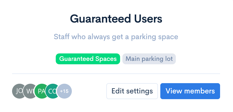 Screenshot of a webpage section titled "Guaranteed Users," with options for "Guaranteed Spaces" and "Main parking lot." Includes member icons, buttons for "Edit settings," and "View members," enhancing parking lot management.