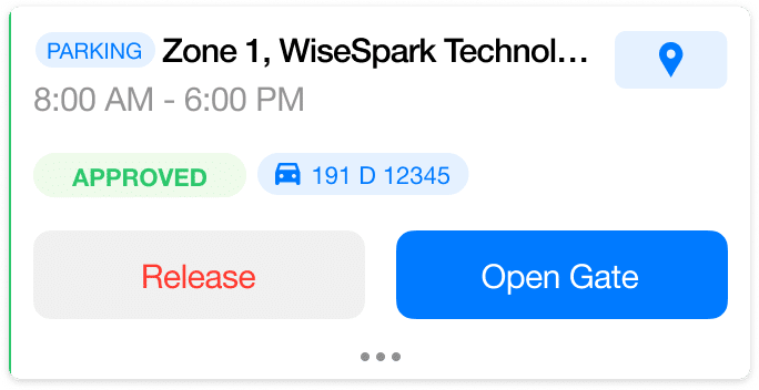 The parking lot management screen displays an approved vehicle with license plate 191 D 12345 for Zone 1, WiseSpark Tech, from 8:00 AM to 6:00 PM, featuring options to release or open the gate.