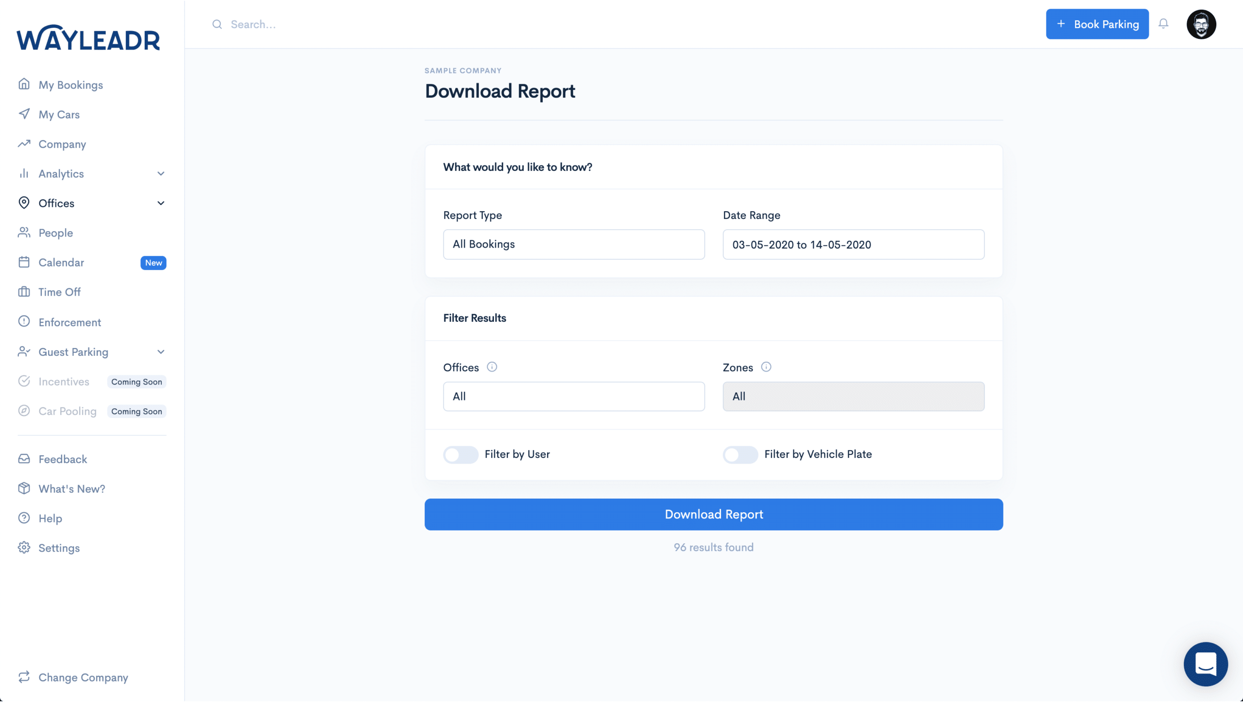 A report download page from Wayleadr offers options to select report type, date range, and filter results by office, zone, user, or vehicle plate for seamless parking management; a "Download Report" button is prominently highlighted.