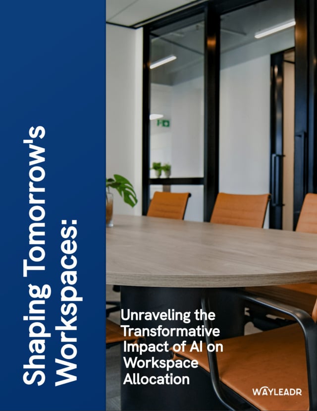 A modern conference room with a wooden table and leather chairs. Text on the left reads, "Shaping Tomorrow's Workspaces: Unraveling the Transformative Impact of AI on Workspace Allocation and Commercial Parking Management.