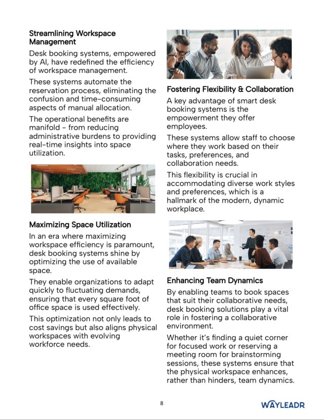 A page from a brochure detailing the benefits of desk booking systems and parking lot management, including streamlining workspace utilization, maximizing space efficiency, fostering flexibility and collaboration, and enhancing team dynamics.