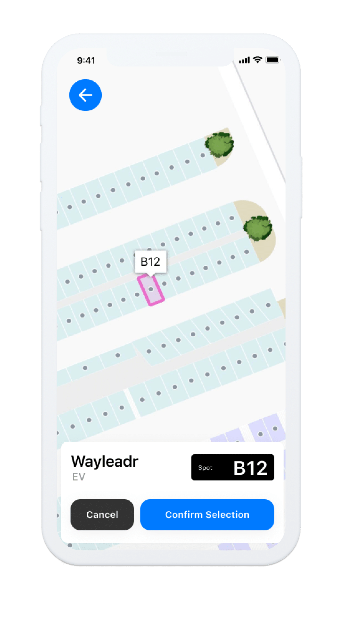 Mobile screenshot of the Wayleadr app showing the mapping of EV spaces. The map highlights available EV charging spots, marked with green icons, across a city layout. Users can zoom in and out to view different areas, and a search bar is available at the top for quick location searches. The interface includes a menu icon for additional options and a clear, easy-to-read design.