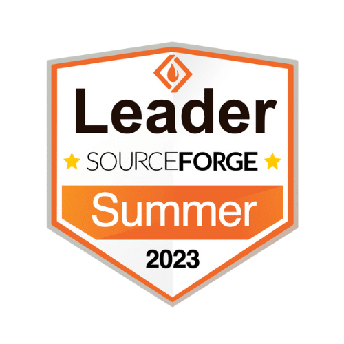 A badge labeled "Leader" from SourceForge, with "Summer 2023" written at the bottom, featuring an orange border and two stars, epitomizing excellence in parking lot management.