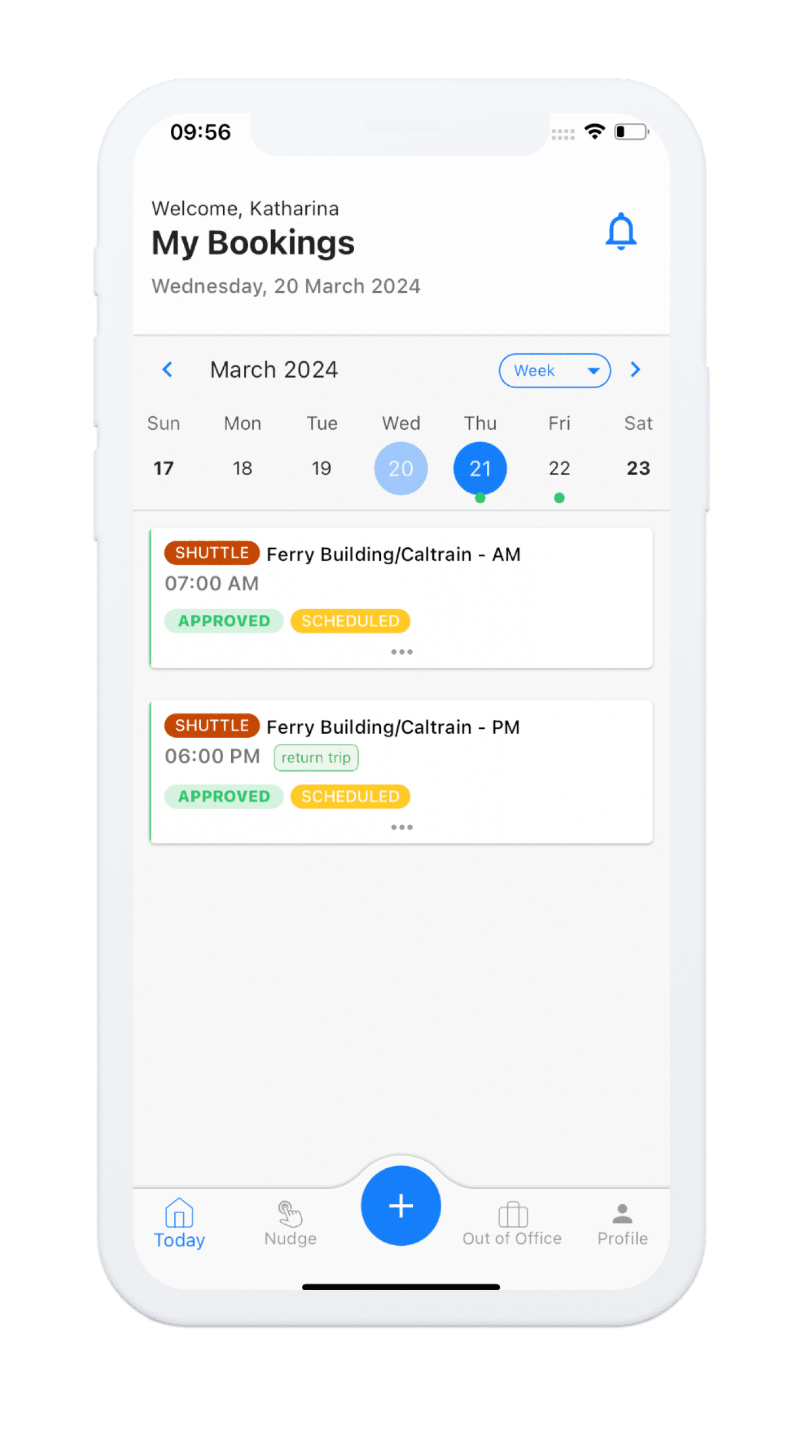 A smartphone screen displays an app powered by Wayleadr, showing a user's bookings for March 21, 2024: a morning shuttle at 7:00 AM and an evening shuttle at 6:00 PM. The app, integrated with parking management features, includes options for Today, Nudge, Out of Office, and Profile.