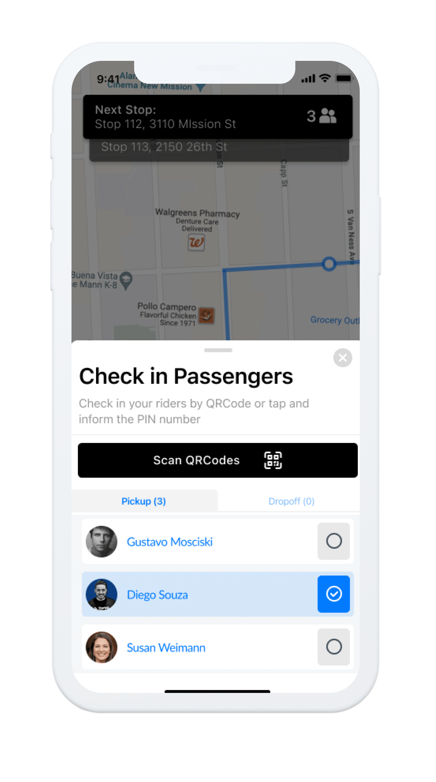 A smartphone screen displays a ride-sharing app with the "Check in Passengers" screen, showing a map and a list of passengers to pick up, including Gustavo Mosciski, Diego Souza, and Susan Weimann. Nearby visitor parking information is also integrated through Wayleadr for easy access to parking lot systems.