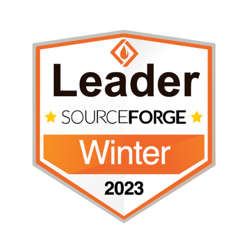 A badge with the text "Leader," "SourceForge," "Winter," and "2023" in black and orange colors, symbolizing excellence in parking lot management.