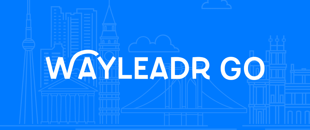 Wayleadr Go" text is overlaid on a blue background featuring line drawings of iconic buildings and landmarks, highlighting the excellence in parking management and visitor parking solutions.