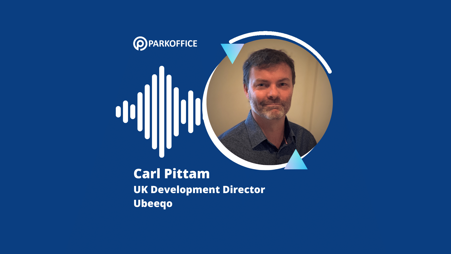 Headshot of Carl Pittam with text "Carl Pittam, UK Development Director, Ubeeqo" alongside the Parkoffice logo and a soundwave graphic on a blue background, highlighting his insights on visitor parking solutions.