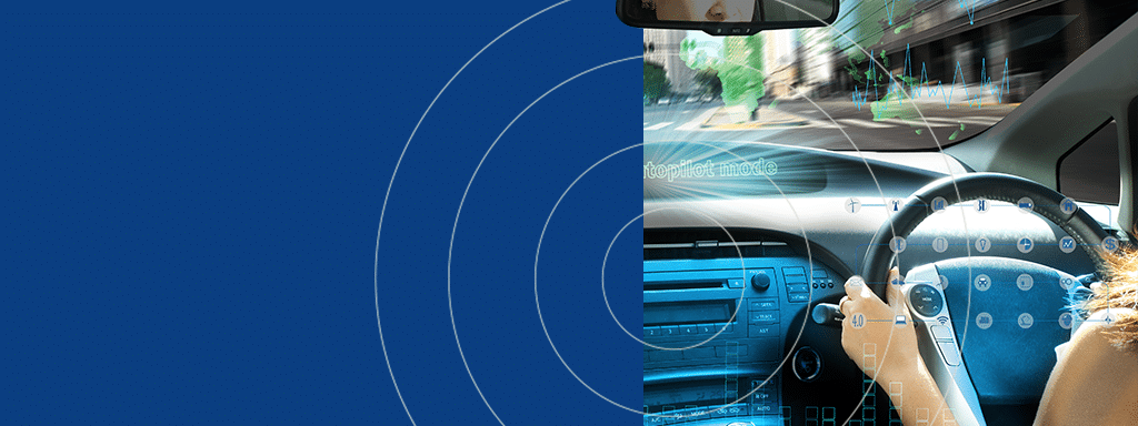 A person is driving a car, with a digital overlay showing various driving data, navigational elements, and parking lot systems projected onto the windshield. The left side of the image is a plain blue background.