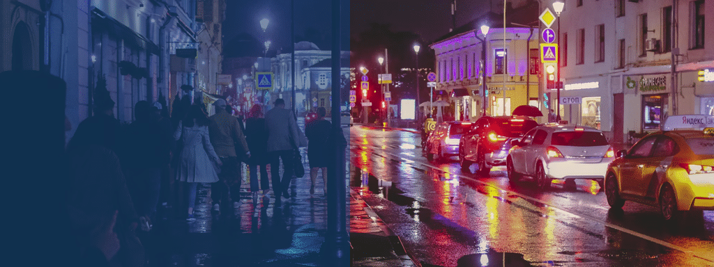 A city street at night, split into two scenes: one with people walking on a wet sidewalk under streetlights (left) and the other with cars and illuminated buildings reflecting on the wet road (right). The right side also features wayfinding signs for efficient parking management.