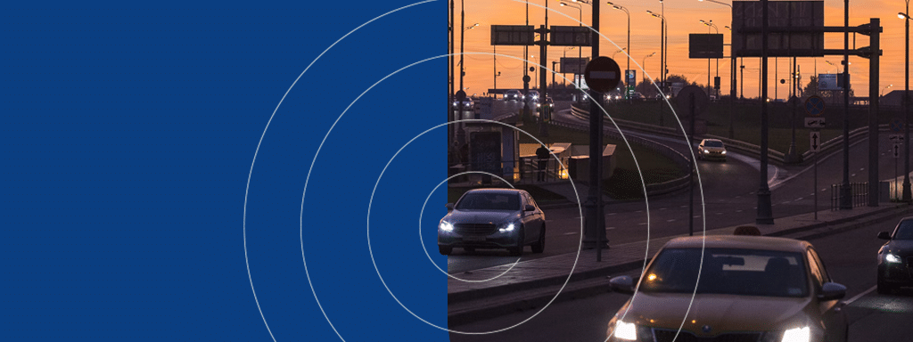 Split image: one half shows a car and city street at dusk with headlights on, symbolizing the dynamic nature of urban life, while the other half features a plain blue background with concentric circle designs, reflecting innovative parking management solutions by Wayleadr.
