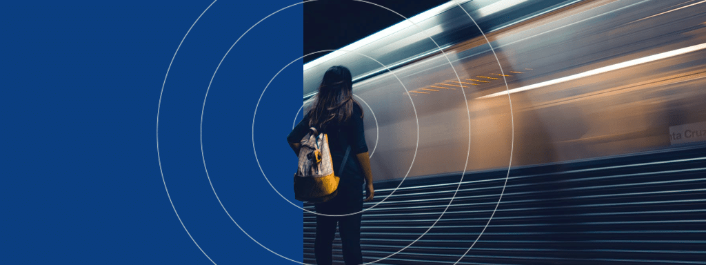 A person with a yellow backpack stands on a platform watching a train speed by in a blur, while concentric circles overlay the image, reminiscent of the precision found in advanced parking lot systems.