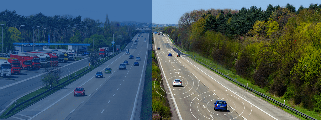 Split-screen image showing a highway with traditional vehicles on the left and connected, autonomous vehicles on the right. The right side highlights vehicle communication with signal circles, showcasing innovations that could revolutionize parking lot management through enhanced vehicle coordination.