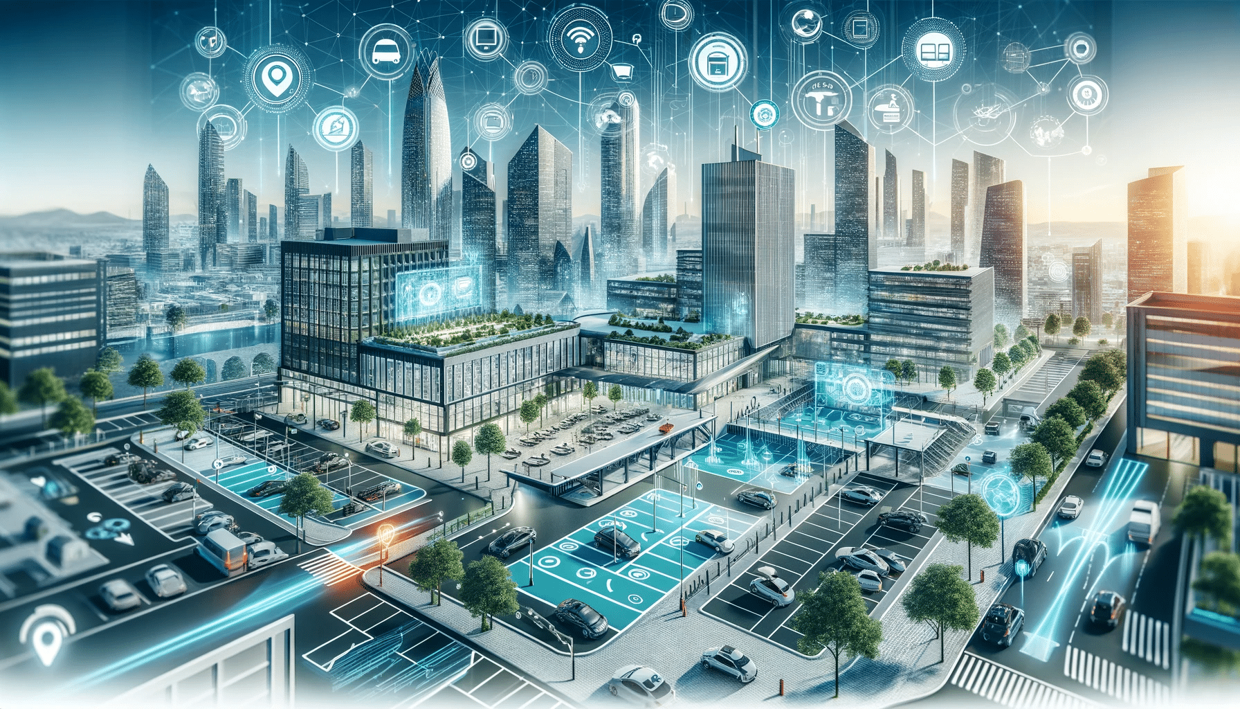 A futuristic cityscape depicting smart technology integration with interconnected buildings, self-driving cars, and advanced parking management systems seamlessly guiding vehicles to optimized visitor parking spots.