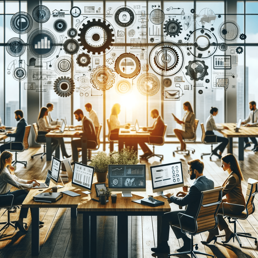 Office workers at desks with computers and documents, while various gears and technical schematics related to parking lot systems are displayed in the background. Sunlight filters through large windows in the back.