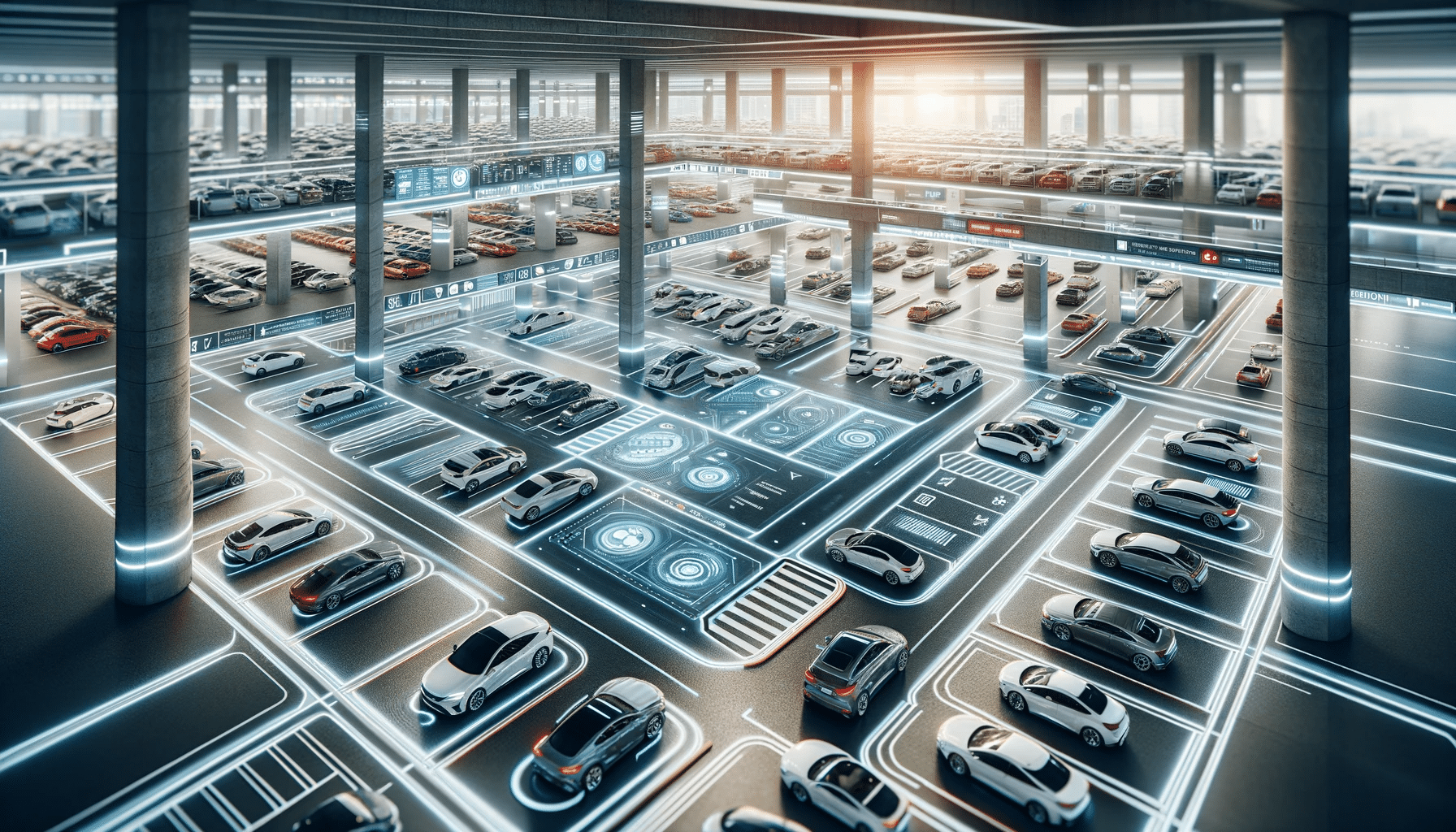 A multi-level futuristic car parking structure filled with numerous cars, featuring advanced parking lot management systems. Illuminated digital pathways and holographic interfaces indicate cutting-edge automated parking technology.