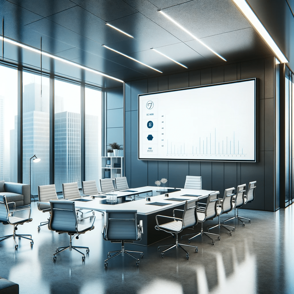 Modern conference room with a long table, multiple chairs, and a large screen displaying charts. Floor-to-ceiling windows provide a view of city buildings. Bright, sleek, and professional setting, perfect for discussing innovations in parking lot management like Wayleadr's advanced systems.