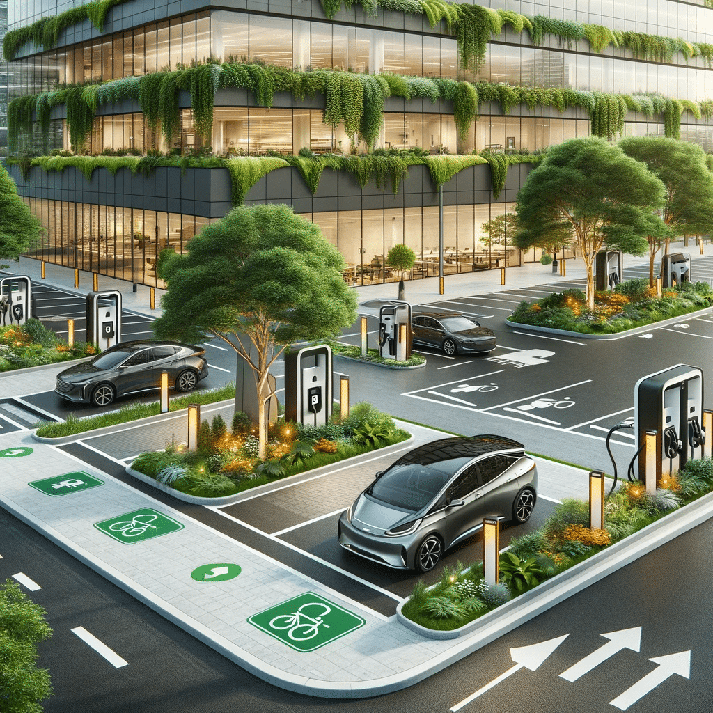 An eco-friendly city scene showcasing cars at electric vehicle charging stations and a modern building with abundant greenery, seamlessly incorporating advanced parking lot systems for efficient visitor parking management.