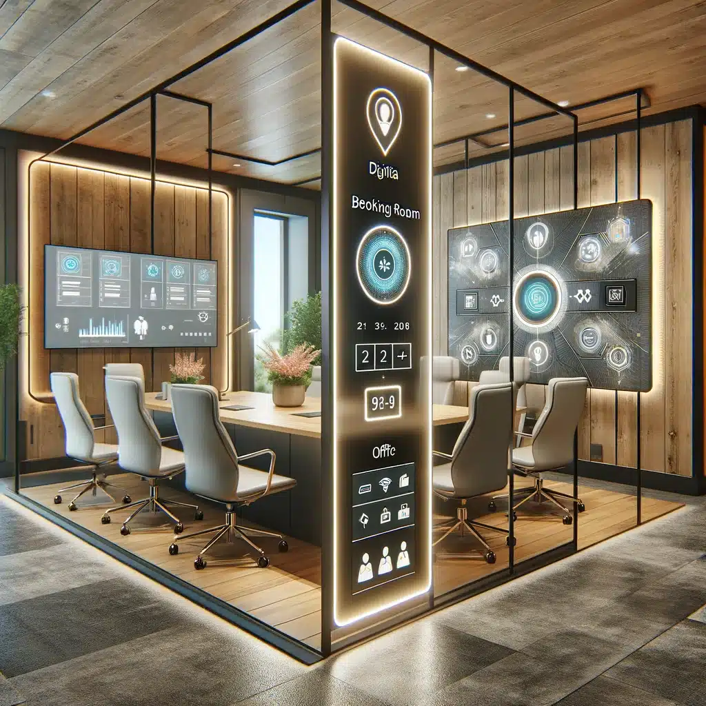 A modern, high-tech conference room with digital displays, futuristic booking system, white chairs, and wooden accents. The screens show analytics and are surrounded by sleek illuminated decor, seamlessly integrating wayleadr for efficient visitor parking management.