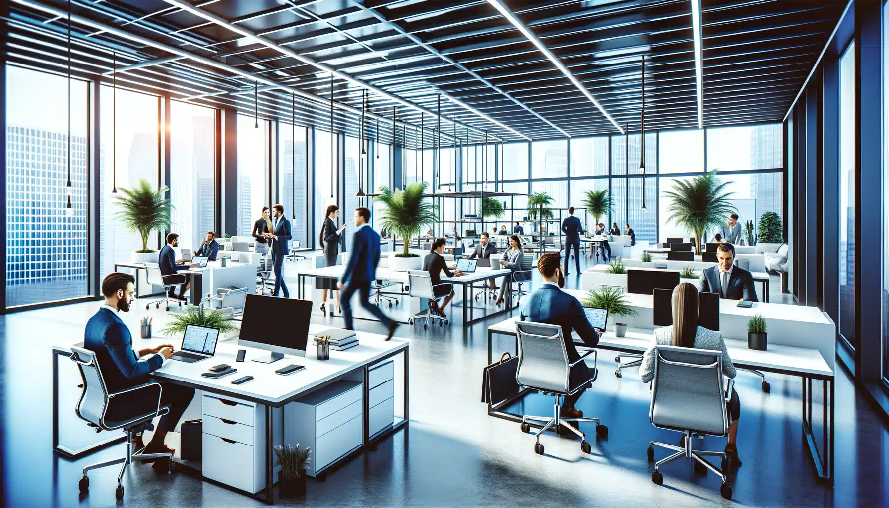 Modern open office with large windows, numerous desks, computers, and office chairs. People in business attire are working and interacting. Indoor plants are placed throughout the workspace, where Wayleadr streamlines parking lot management to create a seamless work environment.