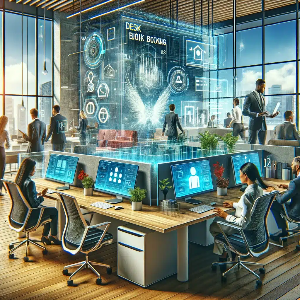 A modern open office space with employees working at desks equipped with multiple digital screens, and a large holographic display in the center showing data and icons related to wayleadr for parking lot management.