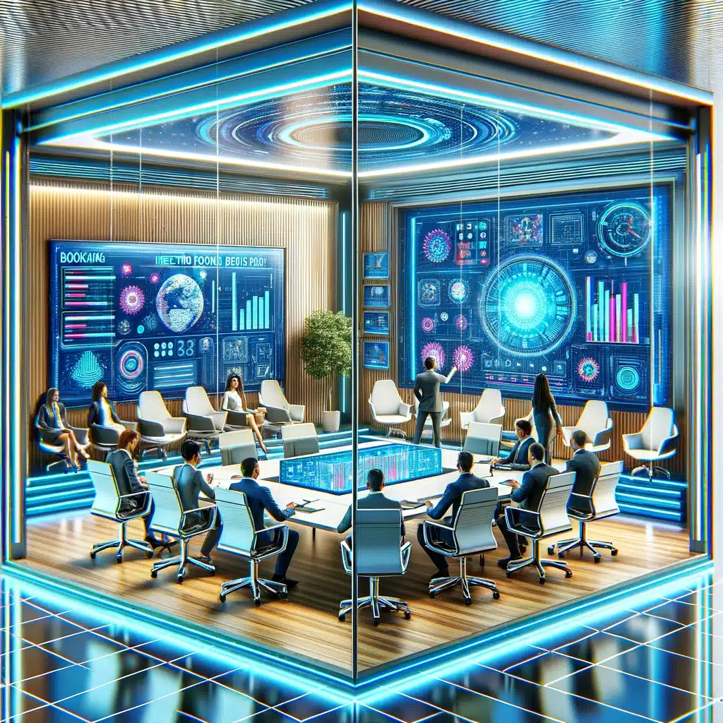 A high-tech conference room with holographic displays, charts, and futuristic computer interfaces. People are seated around a table, engaged in discussions about the latest advancements in parking management systems.