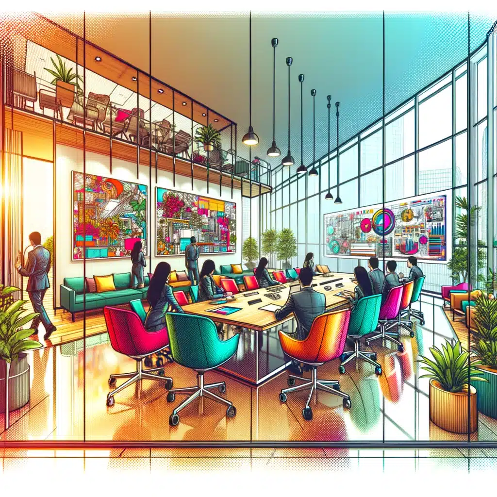 A modern coworking space with glass walls, colorful chairs, and people working on laptops. Large digital screens display graphs and data. Plants and sunlight enhance the vibrant atmosphere, complemented by efficient visitor parking management just outside.