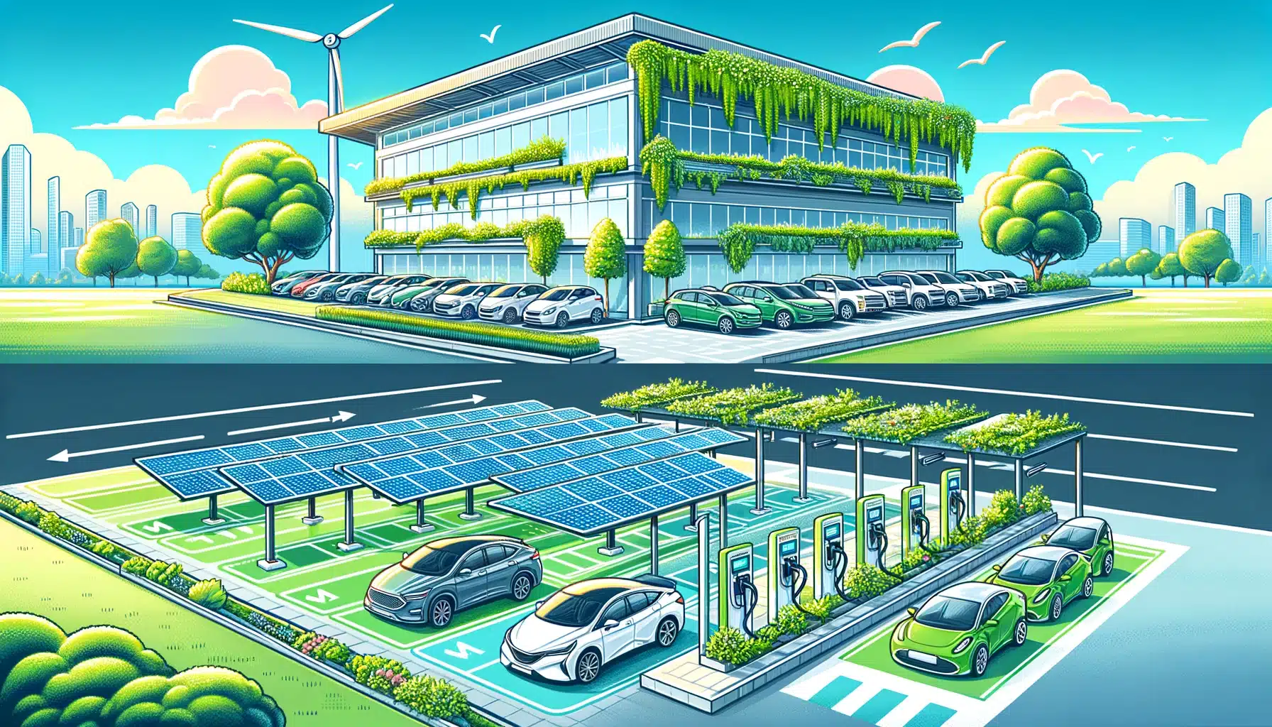 Illustration of a modern eco-friendly building with solar panels, green roofs, and an electric vehicle charging station in the parking lot. Several electric cars are being charged and parked nearby, demonstrating advanced parking management that includes dedicated visitor parking.