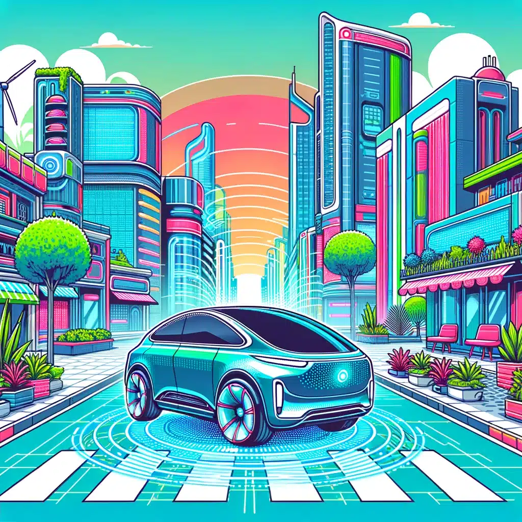 Futuristic cityscape with vibrant buildings and a sleek autonomous car in the foreground, surrounded by greenery and clear skies, showcasing an advanced and eco-friendly urban environment enhanced by innovative parking lot systems.