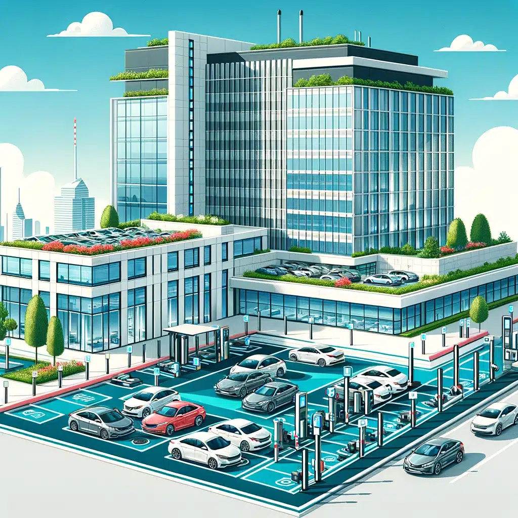 A modern office building with rooftop gardens, an adjacent commercial parking lot filled with cars, and several electric vehicle charging stations in use.