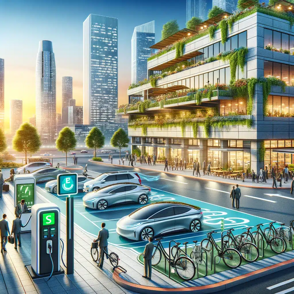 Futuristic urban scene with electric cars charging, bicycles parked, and people walking on a street lined with eco-friendly buildings and skyscrapers in the background, all efficiently managed through advanced commercial parking solutions by Wayleadr.