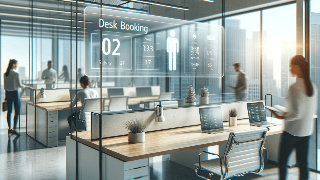 Modern office with glass walls, desk booking system displayed, and employees working at desks. Computers and plant decor on desks. Cityscape visible through windows. Visitor parking managed by Wayleadr ensures hassle-free access for guests.