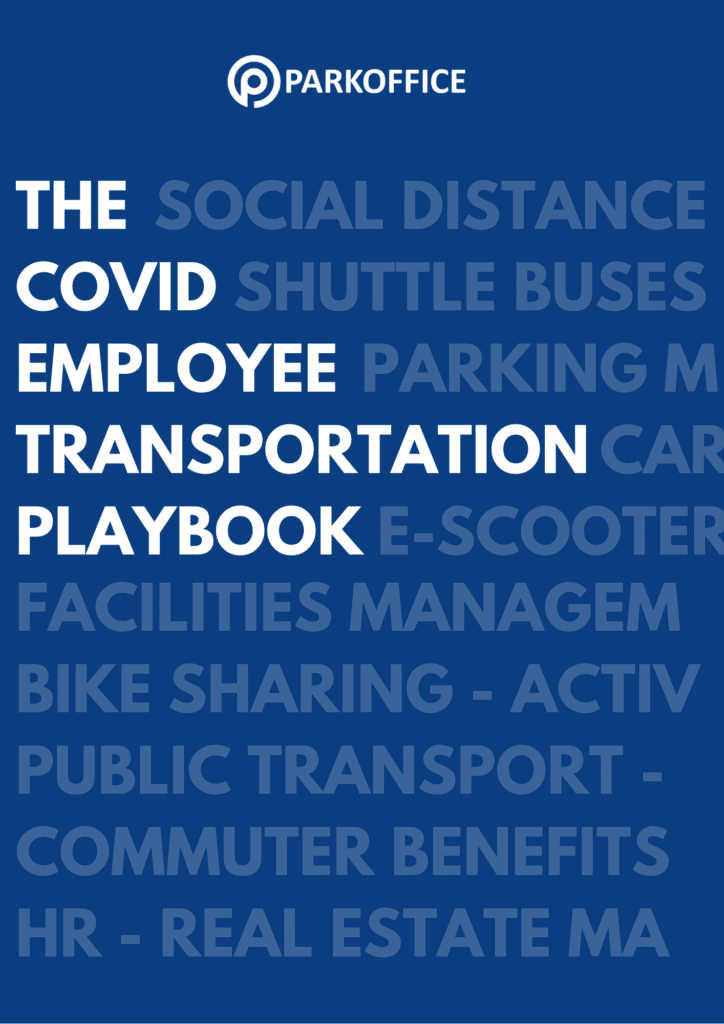 A blue cover page with the title "The COVID Employee Transportation Playbook" and various related terms like social distance, shuttle buses, parking lot management, e-scooter, facilities management, and bike sharing.