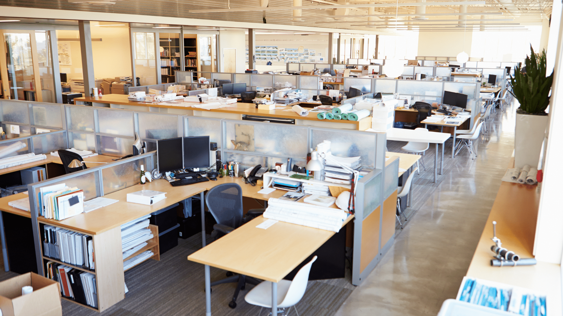 A large open-plan office with numerous workstations, computers, and office supplies. The space is well-lit with natural light from large windows, ideal for a parking management company.