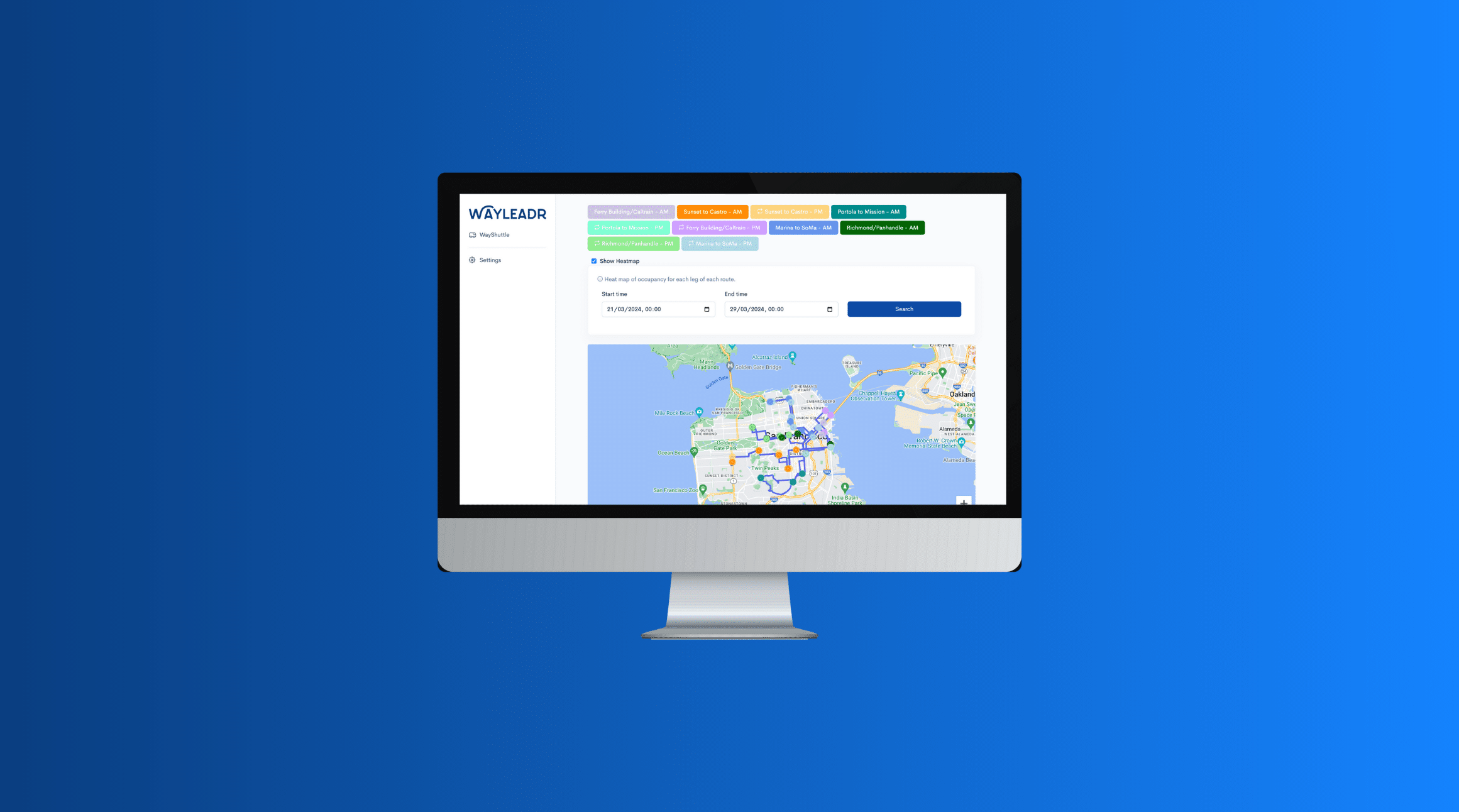 A computer monitor displaying a parking lot management software interface with a map and various colored routes on a blue background.