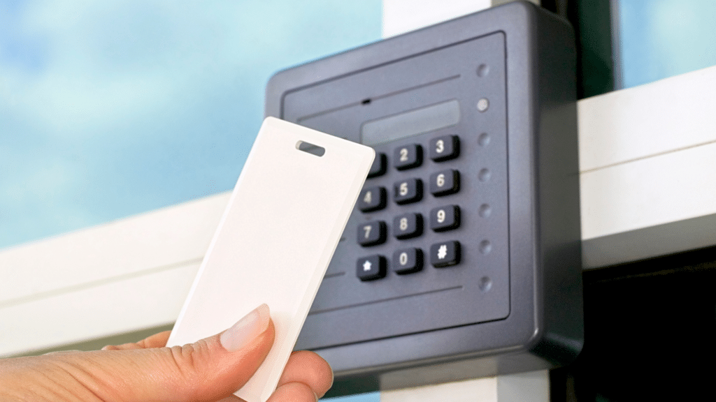 A hand holding a white access card in front of a keypad access control panel mounted on a wall, part of the innovative Wayleadr parking lot systems.