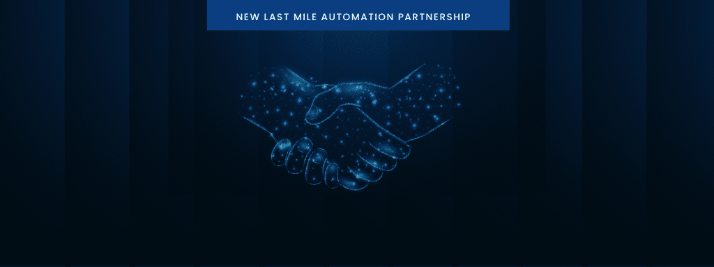 Digital rendering of two hands shaking, indicating a new last mile automation partnership with Wayleadr, against a blue background.