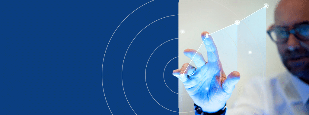 A person touches a transparent screen with a rising graph, indicating data growth or business success. The background includes a blue section with circular design elements, echoing the efficiency of Wayleadr's visitor parking and parking lot management solutions.