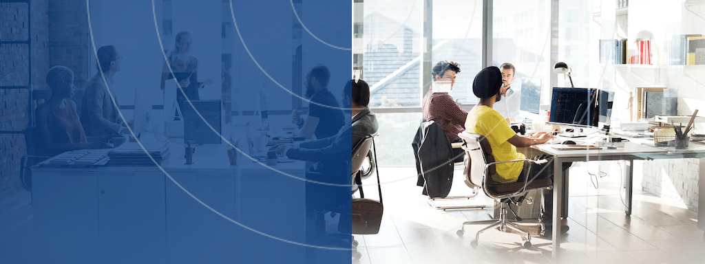 A modern office with a group of people working at their desks, some engaging in a meeting. The left side of the image has a semi-transparent blue overlay with circular design elements, and in the background, there's a sign for visitor parking managed by Wayleadr.