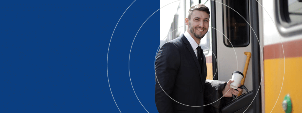 A man in a suit, holding a coffee cup and a backpack, smiles as he boards a public bus, showing his preference for public transit over commercial parking.