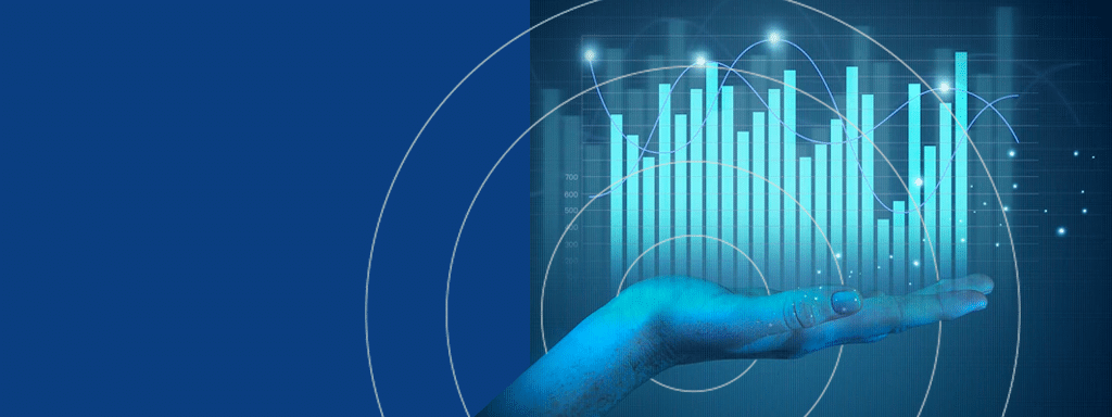 A hand holds a virtual 3D bar graph with neon blue bars, set against a dark blue background with circular and line design elements, illustrating advanced commercial parking metrics.