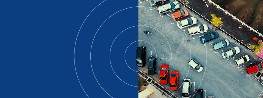 Aerial view of a parking lot with various cars parked in rows, juxtaposed with a blue graphic overlay on the left side featuring concentric circles, illustrating efficient parking lot management.