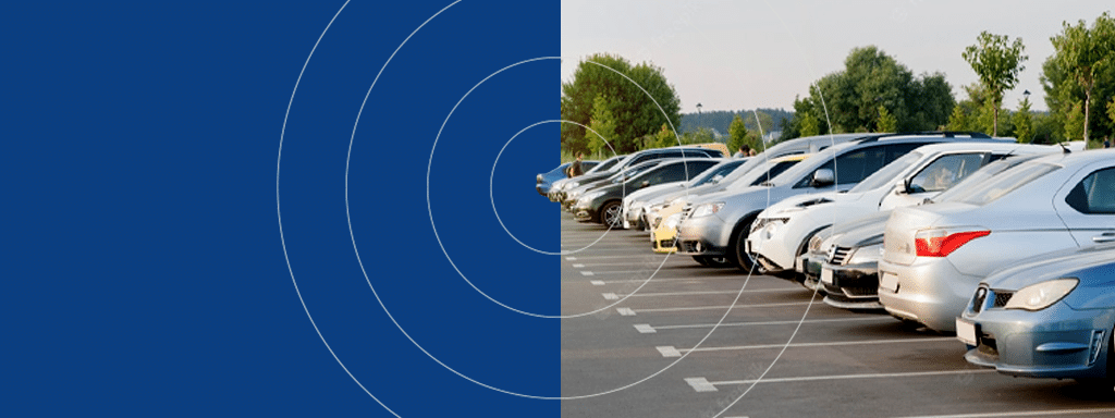 A line of parked cars in an outdoor parking lot next to a blue section with circular design elements showcases Wayleadr's effective parking management. Trees and a clear sky are visible in the background.